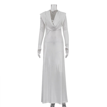 Elegant Dress Women Solid Color Long Sleeve Swing Collar Hooded Slim Fit High Waist Sheath Dress by Ragazza