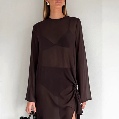 Spring Summer Arrival Mesh See through round Neck Long Sleeve Lace up Bow Split Dress Women by Ragazza
