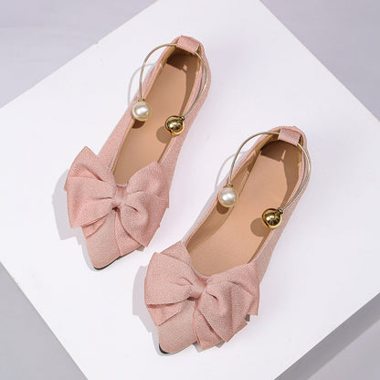 Metal Buckle Shallow Mouth Pumps Women Autumn Cloth Bow Pearl Four Seasons Work Shoes  DestGlow