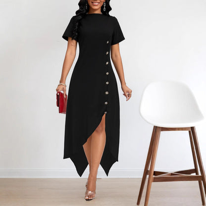Women Clothing Elegant Irregular Asymmetric Hem Side Fastener Decoration Dress by Ragazza