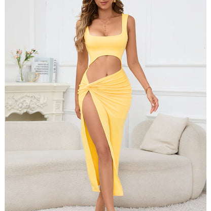 Women Clothing Maxi Dress Suspender Solid Color Hollow Out Cutout Out Cropped Sexy Dress by Ragazza