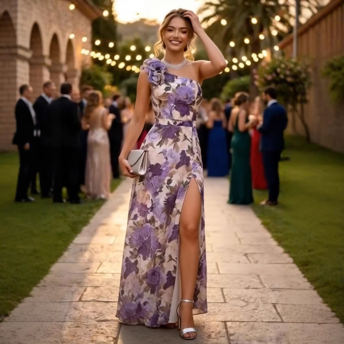 Summer Slim Fit Slimming Waist Slant Shoulder Floral Print Slit Maxi Dress by Ragazza