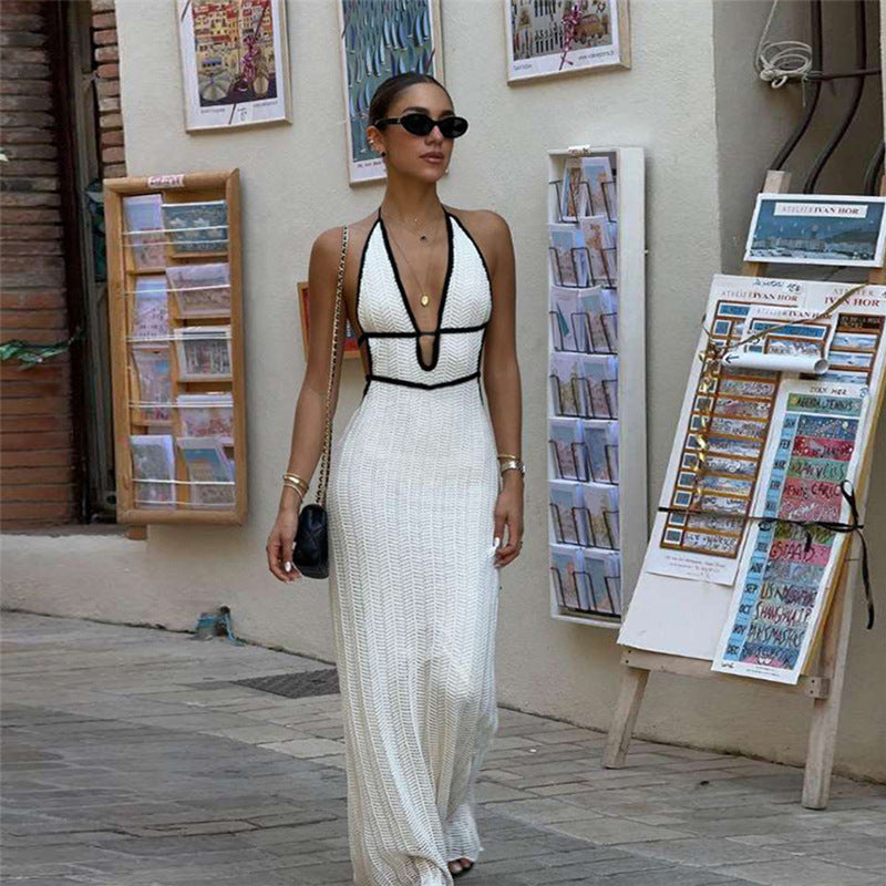 Autumn Winter Women Color Contrast V Neck Halter Lace Up Backless Knitted Dress  DestGlow