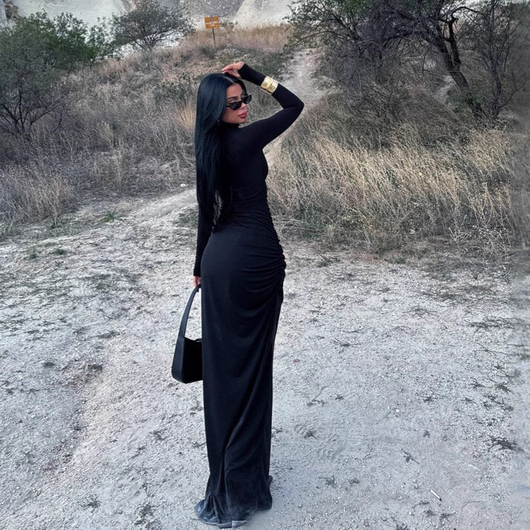 Autumn Stand Collar Long Sleeve Pleated Sexy Slit Hip Bag Dress Women by Ragazza