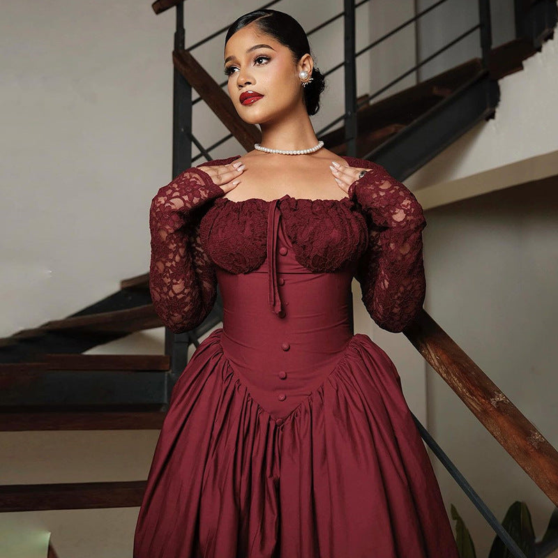 Women Clothing Spring Square Collar Lace Long Sleeve Waist Solid Color Mid Length Dress by Ragazza