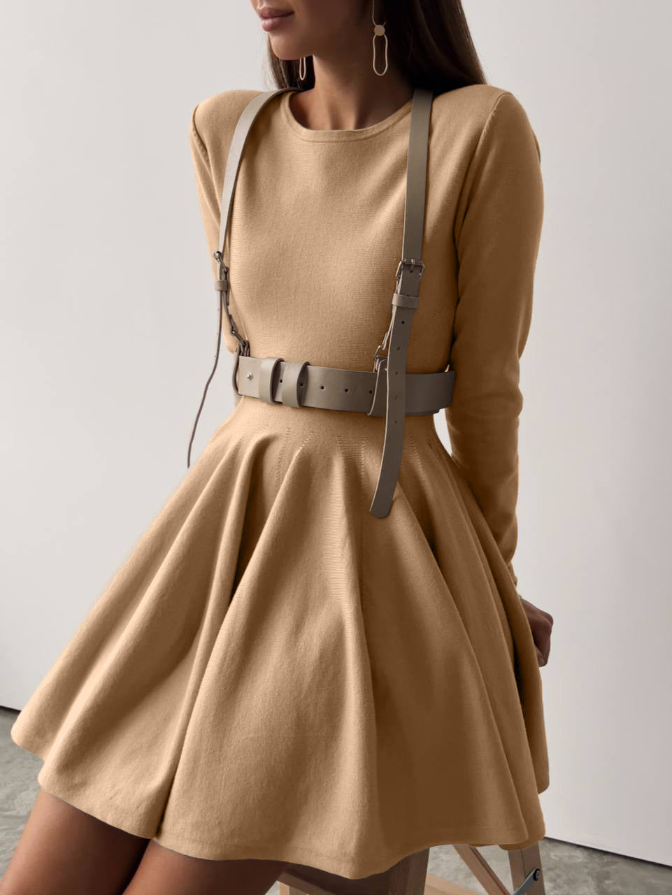 Round Neck Waist Trimming Knitted Dress Women All Match Advanced Pleated Woolen by Ragazza