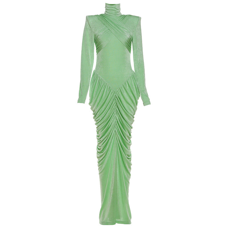 Fall Women Clothing Solid Color Turtleneck Backless Stitching Pleated Slim Fit Dress by Ragazza