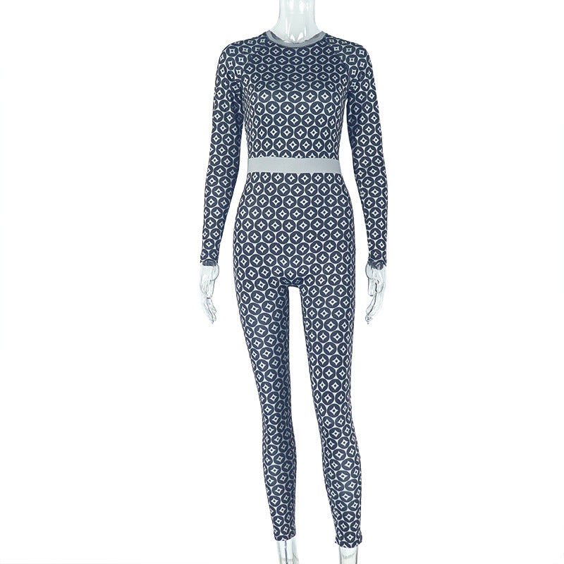 Casual Home Women Slim Fit Elastic Waist Tightening Jumpsuit Print round Neck Long Sleeve Jumpsuit by Ragazza