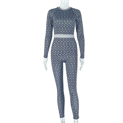 Casual Home Women Slim Fit Elastic Waist Tightening Jumpsuit Print round Neck Long Sleeve Jumpsuit by Ragazza