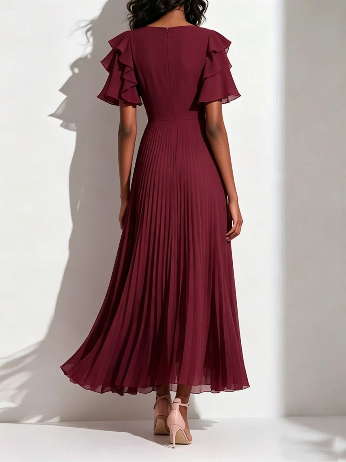 V neck Flounce Pleated Dress Women Elegant Graceful Waist Controlled Large Hem Dress  DestGlow