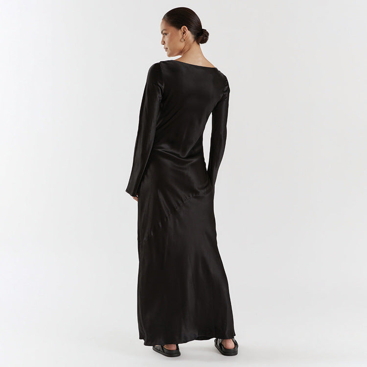 Autumn Winter Maxi Dress Women Solid Color Satin Round Neck Long Sleeve Loose Casual Dress by Ragazza
