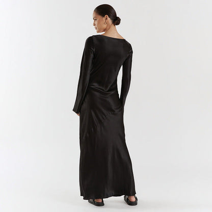 Autumn Winter Maxi Dress Women Solid Color Satin Round Neck Long Sleeve Loose Casual Dress by Ragazza