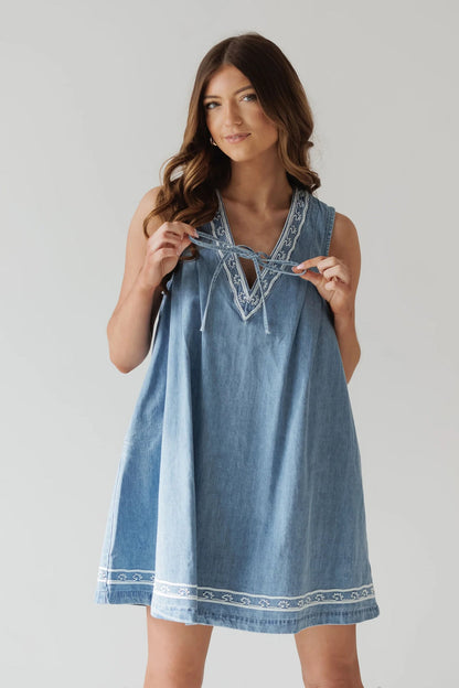 Summer Street Hipster V neck Sleeveless Embroidered Vest Denim Dress by Ragazza