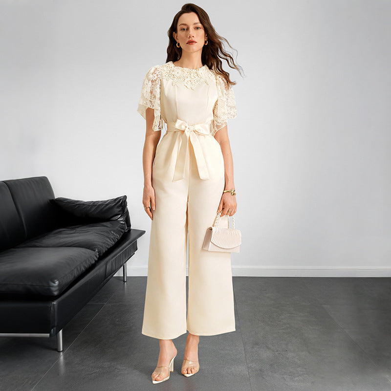 Women Clothing Elegant Summer Stitching Lace Short Sleeve Tied High Waist Straight Jumpsuit by Ragazza