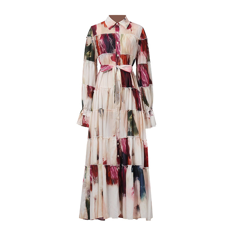 Maillard Contrast Color Large Swing Dress Women Summer Long Sleeve Loose Slimming Dress Women by Ragazza