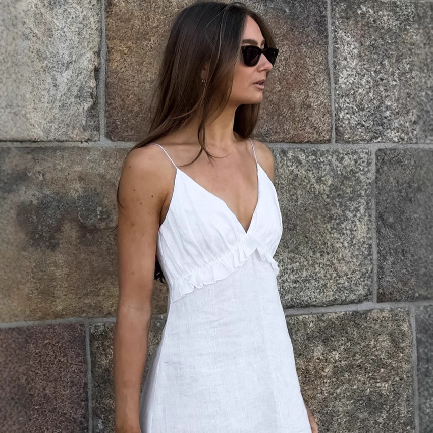 Sexy White Cotton Linen V neck Flounce Loose Sling Dress Spring Summer Vacation Maxi Dress  DestGlow