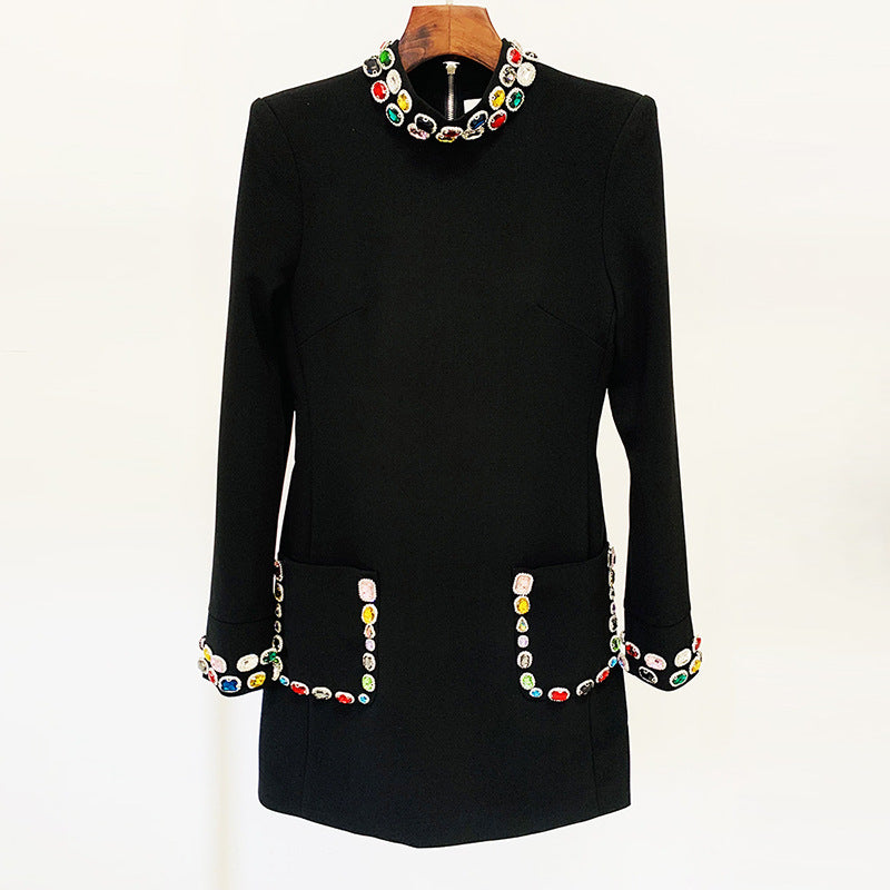 Early Spring Heavy Industry Beads Diamond Color Gem Diamond Long Sleeve Dress by Ragazza
