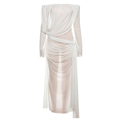 Spring Summer Women Clothing Sexy Mesh Solid Color off Shoulder Sheer Long Sleeve Dress Women by Ragazza