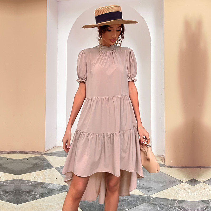 High Waist Solid Color Irregular Asymmetric Loose Pleated Dress Casual Babydoll Dress by Ragazza