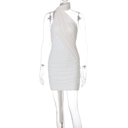 Summer Women Clothing Mesh Stitching Solid Color Ribbon Halter Hip Dress Women by Ragazza