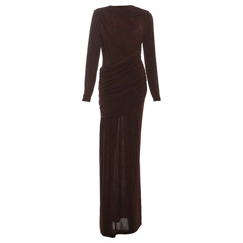Autumn Winter Women Clothing Solid Color Pleated round Neck Slim Fit Long Sleeved Dress Women by Ragazza