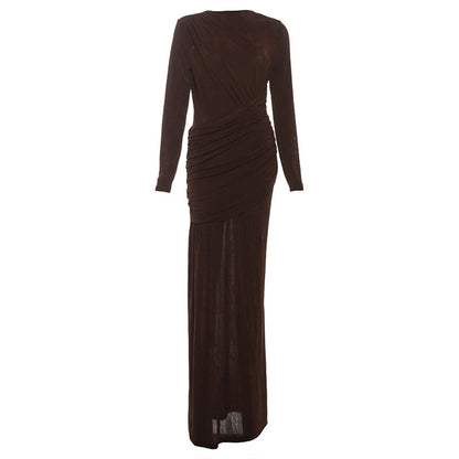 Autumn Winter Women Clothing Solid Color Pleated round Neck Slim Fit Long Sleeved Dress Women by Ragazza
