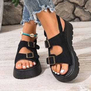 Suede Belt Buckle Platform Sandals Women Platform Wedge Plus Size Beach Slippers  DestGlow