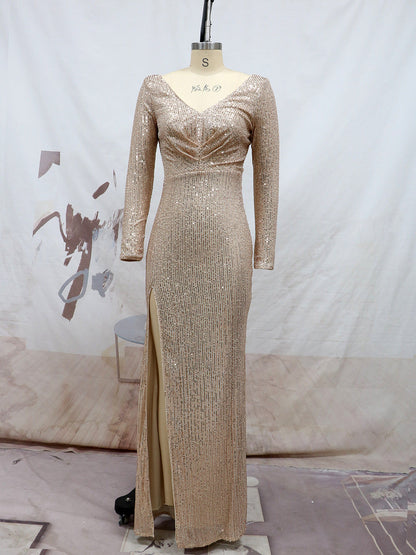 Spring Split Long Sleeve V neck Slim Fit Long Formal Dress Wedding Cocktail Party Multi Color Sequined Evening by Ragazza