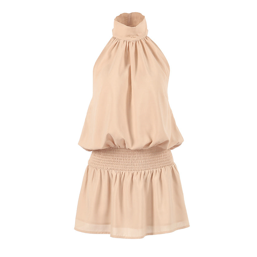 Summer Niche Design Elegant Elegant Apricot Color Halter Sleeveless Slim Fit Short Dress for Women  DestGlow