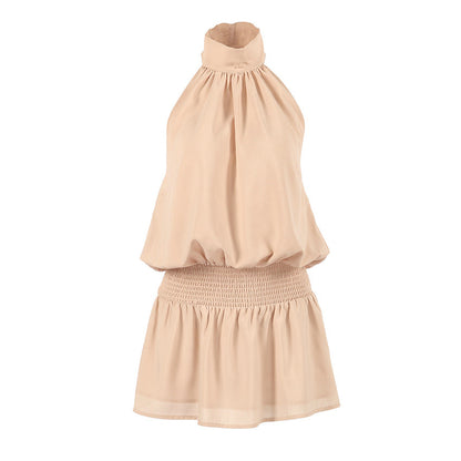 Summer Niche Design Elegant Elegant Apricot Color Halter Sleeveless Slim Fit Short Dress for Women  DestGlow