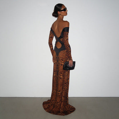 Fall Women Clothing Sexy off the Shoulder Hollow Out Cutout Backless Leopard Print Slim Fit Long Sleeved Dress  DestGlow