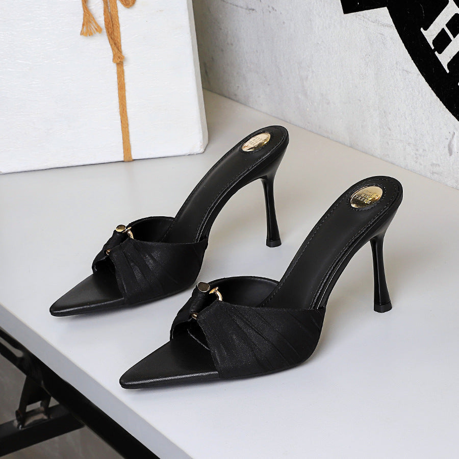 Korean Pleated Lace Stiletto Heel High Heels Pointed Toe All Matching Strap Sandals Toe Baring Sandal Women Outer Wear  DestGlow