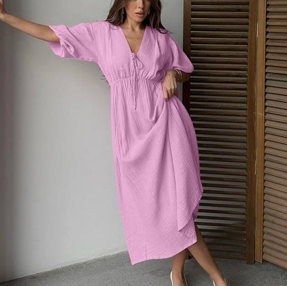 Women Clothing Cotton Double Layer Champray High Waist Dress V neck Puff Sleeve Lace up A line Long Dress by Ragazza