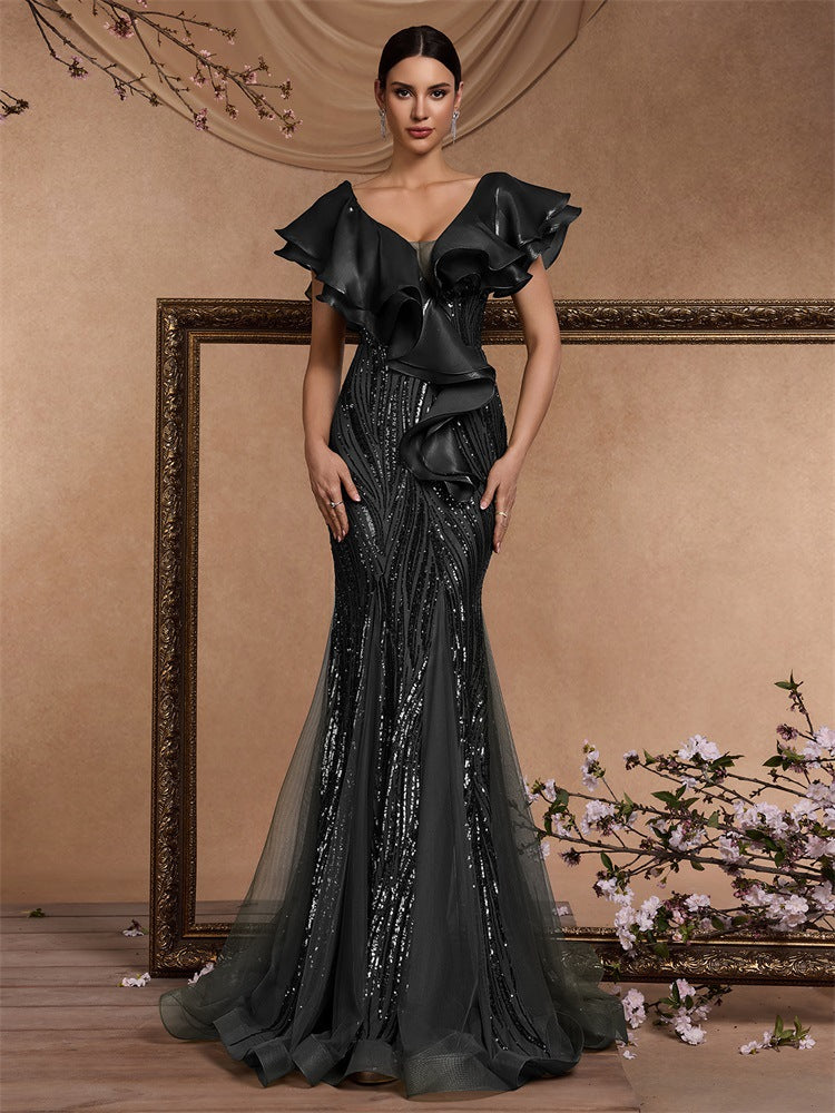 Elegant Ruffle Sleeve Sequin Elegant Cocktail Party Dinner Dress Backless Luxury Fishtail Graduation Evening by Ragazza