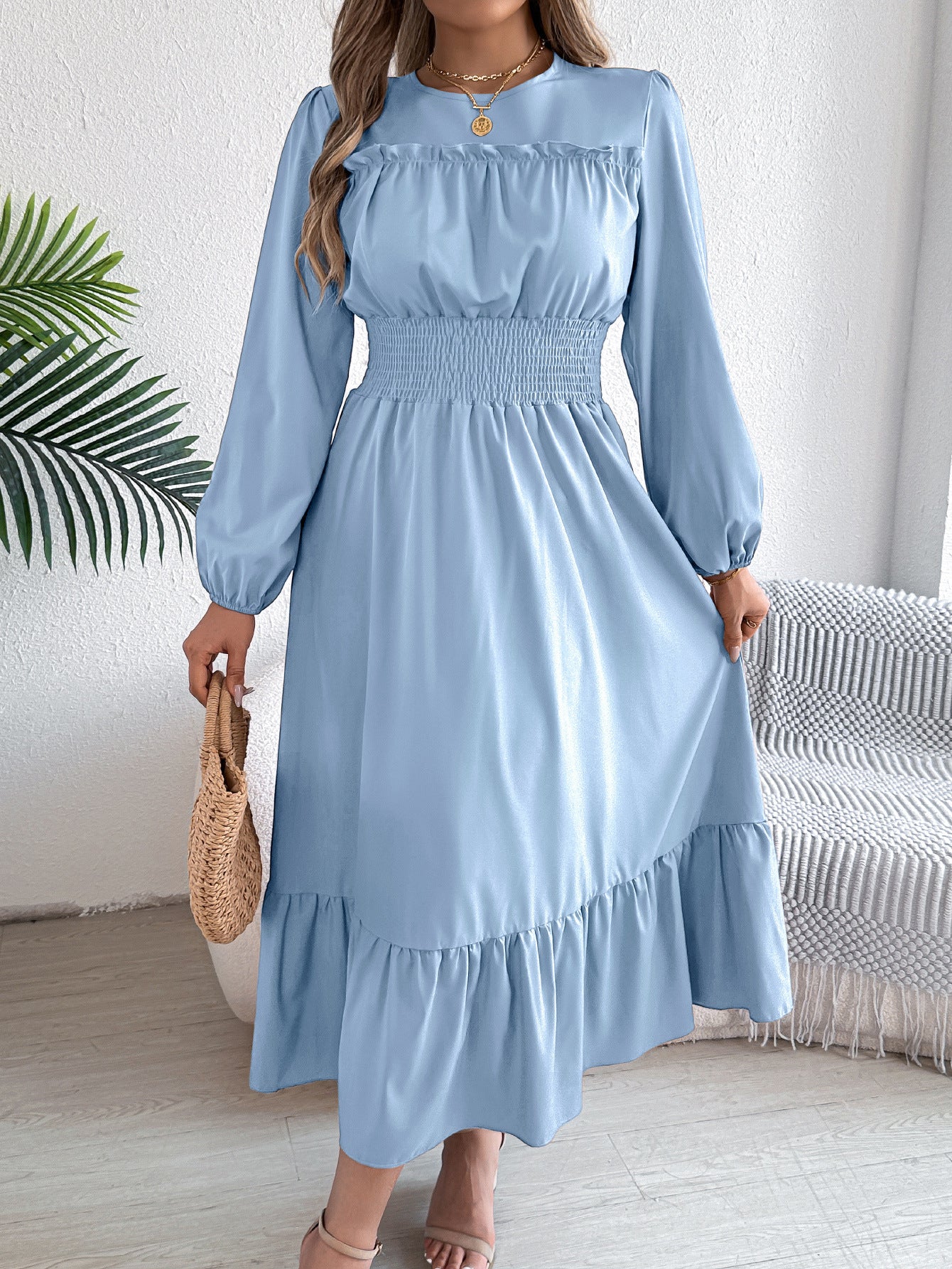 Autumn Winter Solid Color Elegant Wooden Ear Cinched Pleated Maxi Dress Women Clothing by Ragazza