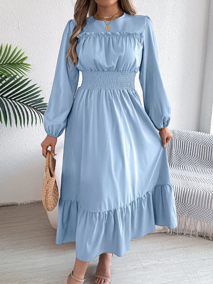 Autumn Winter Solid Color Elegant Wooden Ear Cinched Pleated Maxi Dress Women Clothing by Ragazza