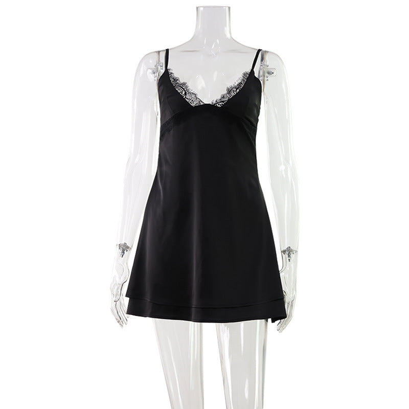 Sexy Women Clothing V neck Lace Strap Dress Satin Texture Home Pajamas Pure Short Dress by Ragazza