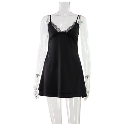 Sexy Women Clothing V neck Lace Strap Dress Satin Texture Home Pajamas Pure Short Dress by Ragazza