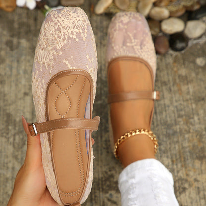 Mesh Breathable Low Top Shoes Women Vintage Mary Jane Flat Shallow Belt Buckle Loafers  DestGlow