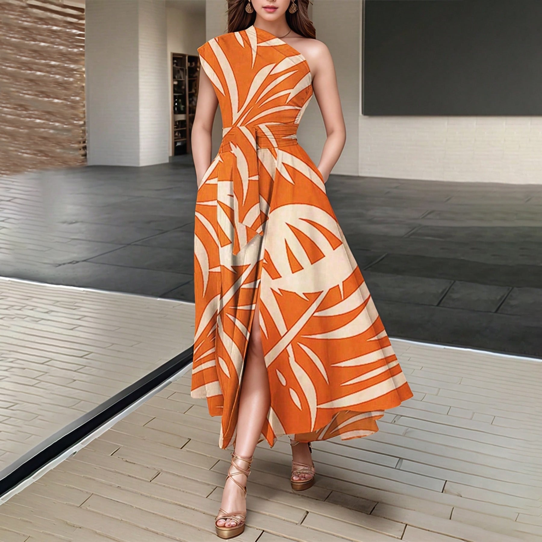 Women Wear Printed Dress One Shoulder Sleeveless Dress by Ragazza