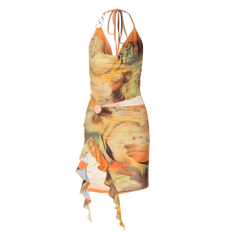 Women Clothing Summer Printing Sexy Backless Lace up Dress by Ragazza