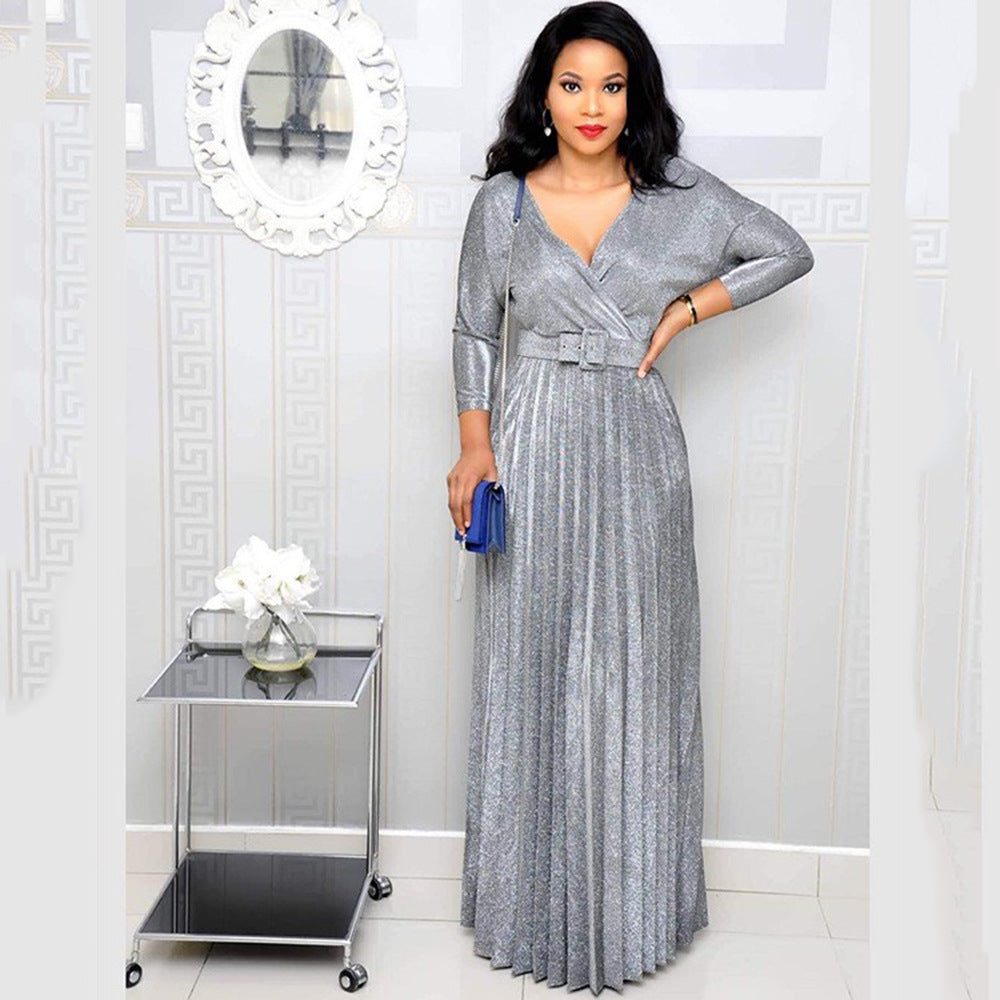 Winter African Women Wear Long Sleeve Bronzing Pleated Swing Dress with Belt Glittering Powder Fabric by Ragazza