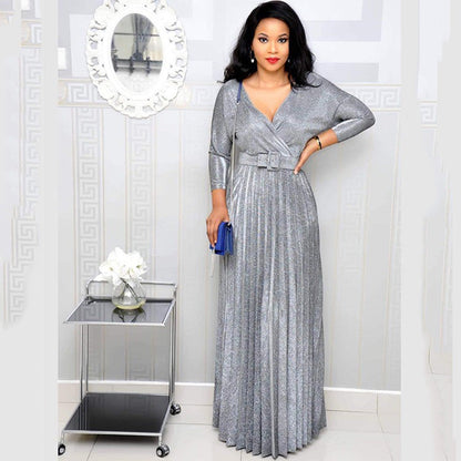 Winter African Women Wear Long Sleeve Bronzing Pleated Swing Dress with Belt Glittering Powder Fabric by Ragazza