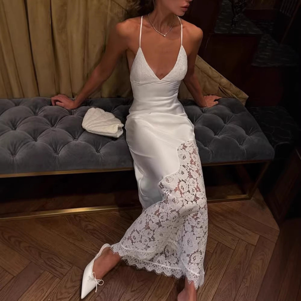 French Elegant Lace V neck Patchwork Strap Dress Hollow Out Cutout Sexy Backless Lace up Evening Dress by Ragazza