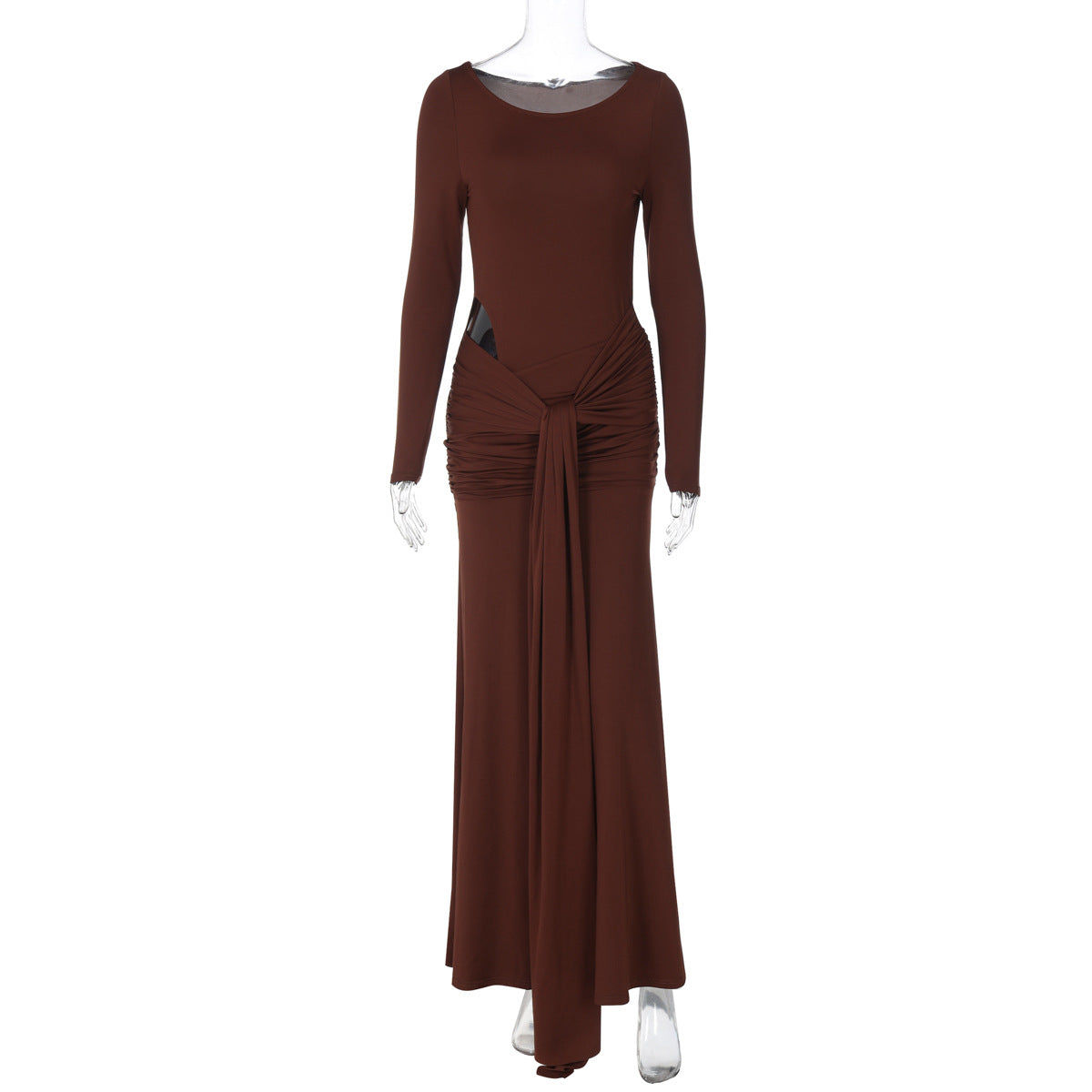 Women Clothing Autumn Solid Color round Neck Long Sleeve Waist Hollow Out Cutout out Strap Slim Maxi Dress by Ragazza