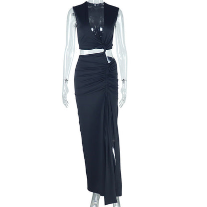 Women Clothing Solid Color Dress Oblique V neck off Shoulder Sleeveless Irregular Asymmetric Slit by Ragazza