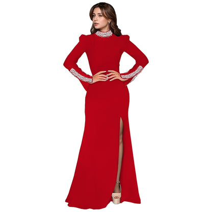 Women Wear Solid Color Long Sleeve Rhinestone Split Dress