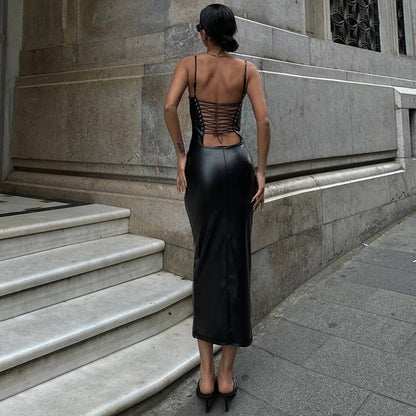 Women Clothing Summer Faux Leather Sexy Backless Lace Up Tight Waist Sheath Split Sling Dress by Ragazza