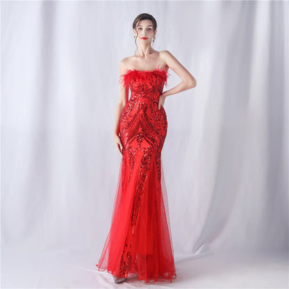 Ostrich Feather Positioning Floral Cutting Wedding Annual Meeting Tube Top Sequin Gauze Evening Dress by Ragazza