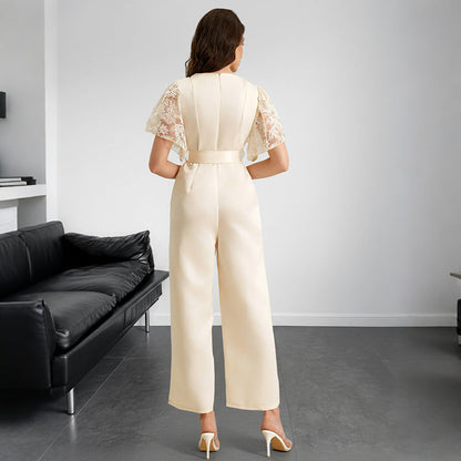 Women Clothing Elegant Summer Stitching Lace Short Sleeve Tied High Waist Straight Jumpsuit by Ragazza